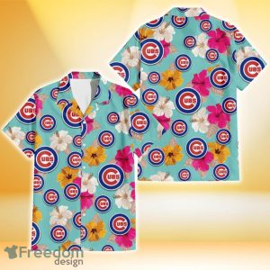 Chicago Cubs Pink Yellow White Hibiscus Turquoise Background 3D Hawaiian Shirt Gift For Fans