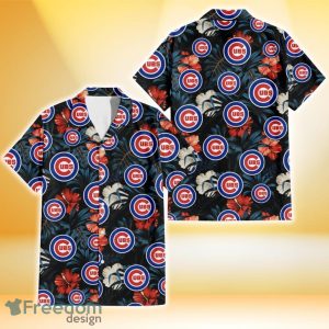 Chicago Cubs Red And White Hibiscus Dark Leaf Black Background 3D Hawaiian Shirt Gift For Fans