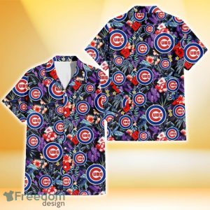 Chicago Cubs Red Hibiscus Caro Black Background 3D Hawaiian Shirt Gift For Fans