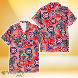 Chicago Cubs Red Hibiscus Gray Leaf Beige Background 3D Hawaiian Shirt Gift For Fans