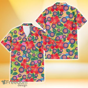 Chicago Cubs Red Hibiscus Green Blue Leaf Yellow Background 3D Hawaiian Shirt Gift For Fans