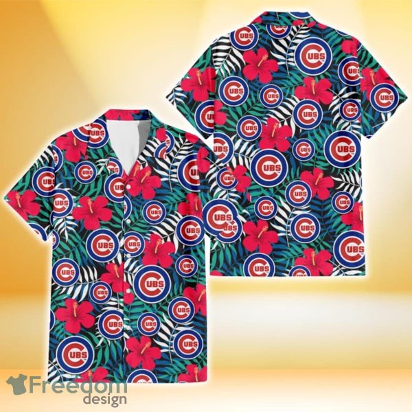 Chicago Cubs Red Hibiscus Green Blue White Leaf Black Background 3D Hawaiian Shirt Gift For Fans