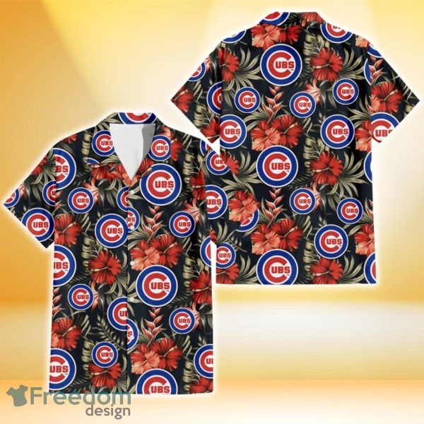 Chicago Cubs Red Hibiscus Green Leaf Dark Background 3D Hawaiian Shirt Gift For Fans