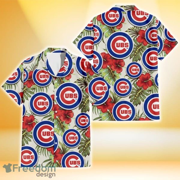 Chicago Cubs Red Hibiscus Green Tropical Leaf Cream Background 3D Hawaiian Shirt Gift For Fans