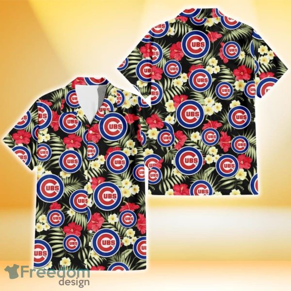 Chicago Cubs Red Hibiscus Yellow Porcelain Flower Black Background 3D Hawaiian Shirt Gift For Fans