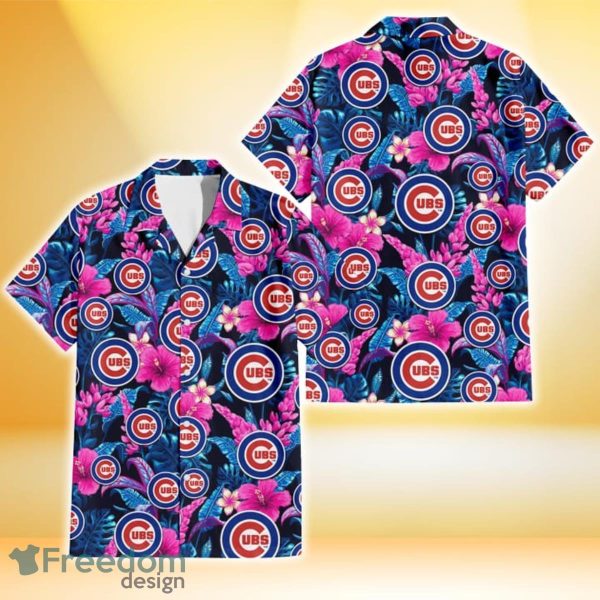 Chicago Cubs Violet Red Hibiscus Blue Leaf Black Background 3D Hawaiian Shirt Gift For Fans