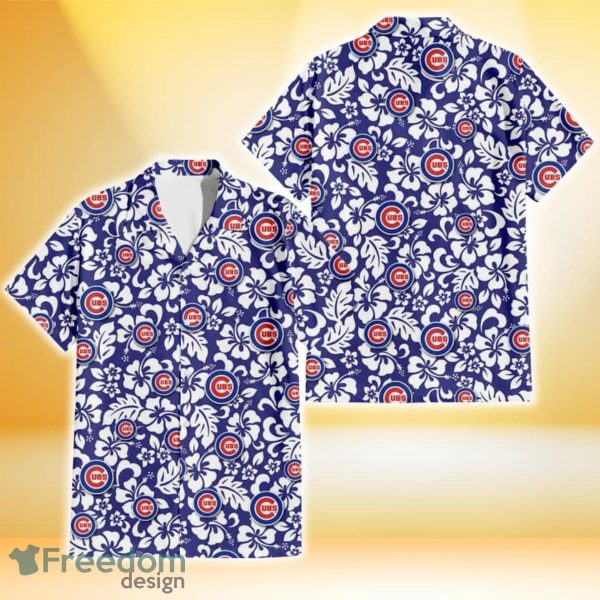 Chicago Cubs White Hibiscus Pattern Slate Blue Background 3D Hawaiian Shirt Gift For Fans