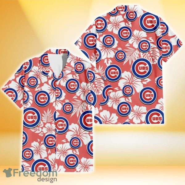 Chicago Cubs White Hibiscus Salmon Background 3D Hawaiian Shirt Gift For Fans