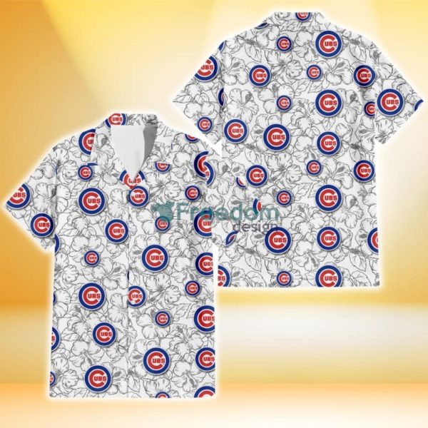 Chicago Cubs White Sketch Hibiscus Pattern White Background 3D Hawaiian Shirt Gift For Fans