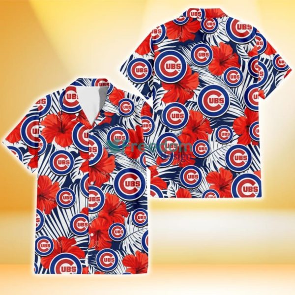 Chicago Cubs White Tropical Leaf Red Hibiscus Navy Background 3D Hawaiian Shirt Gift For Fans