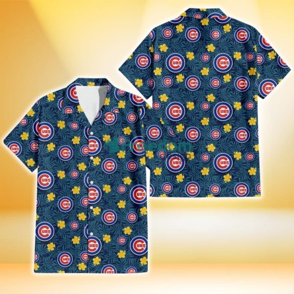 Chicago Cubs Yellow Hibiscus Cadet Blue Leaf Navy Background 3D Hawaiian Shirt Gift For Fans