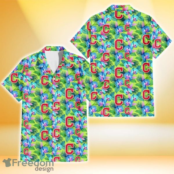 Cleveland Indians Blue Orchid Green Pink Leaf Green Background 3D Hawaiian Shirt Gift For Fans