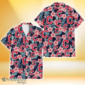 Cleveland Indians Coral Hibiscus Green Banana Leaf Black Background 3D Hawaiian Shirt Gift For Fans