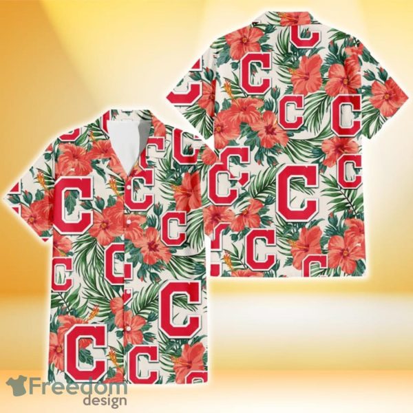 Cleveland Indians Coral Hibiscus Green Leaf Beige Background 3D Hawaiian Shirt Gift For Fans