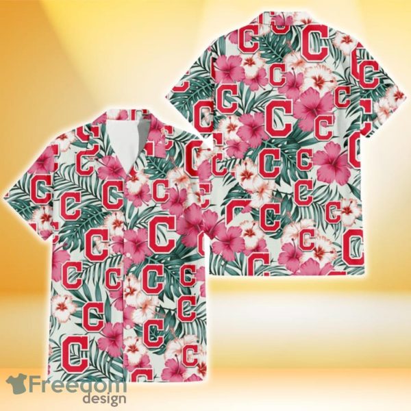 Cleveland Indians Coral Pink Hibiscus Green Leaf Beige Background 3D Hawaiian Shirt Gift For Fans