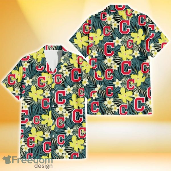 Cleveland Indians Hibiscus Green Palm Leaf Black Background 3D Hawaiian Shirt Gift For Fans