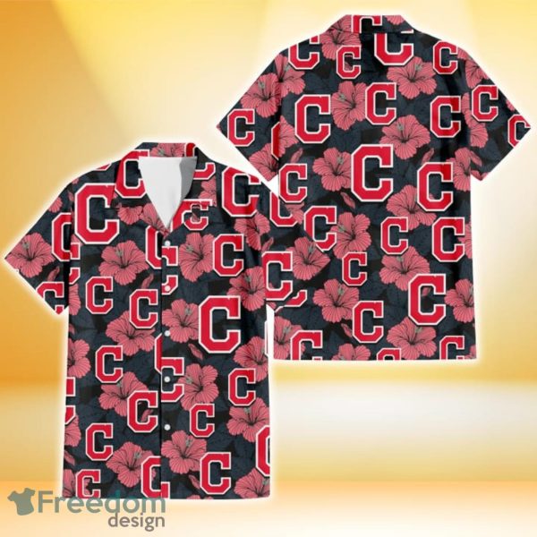 Cleveland Indians Light Coral Hibiscus Gray Leaf Black Background 3D Hawaiian Shirt Gift For Fans