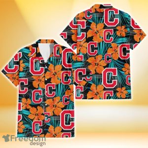 Cleveland Indians Orange Hibiscus Blue Gray Leaf Black Background 3D Hawaiian Shirt Gift For Fans