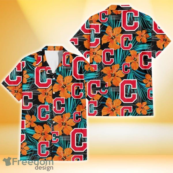 Cleveland Indians Orange Hibiscus Blue Gray Leaf Black Background 3D Hawaiian Shirt Gift For Fans