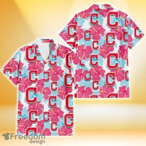 Cleveland Indians Pink Blue Hibiscus White Background 3D Hawaiian Shirt Gift For Fans