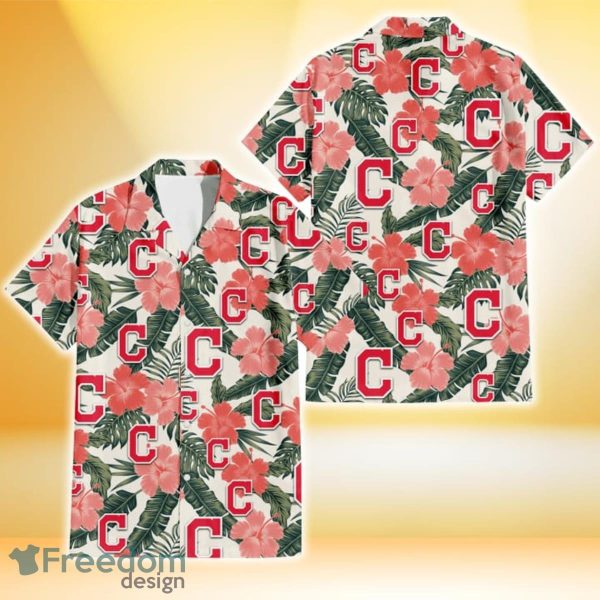 Cleveland Indians Pink Coral Hibiscus Banana Leaf Beige Background 3D Hawaiian Shirt Gift For Fans