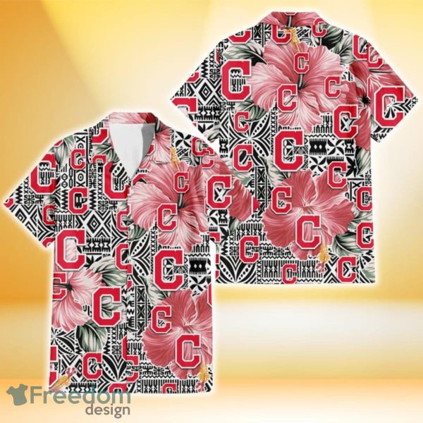 Cleveland Indians Pink Hibiscus Black Pattern White Background 3D Hawaiian Shirt Gift For Fans