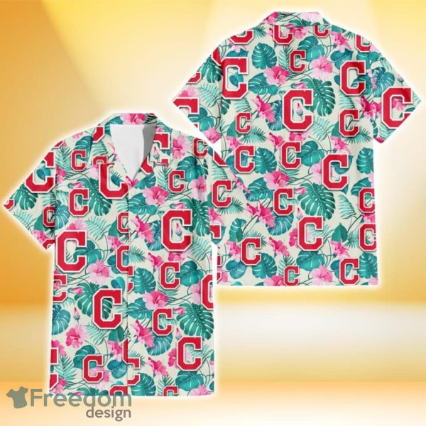 Cleveland Indians Pink Hibiscus Green Leaf Beige Background 3D Hawaiian Shirt Gift For Fans