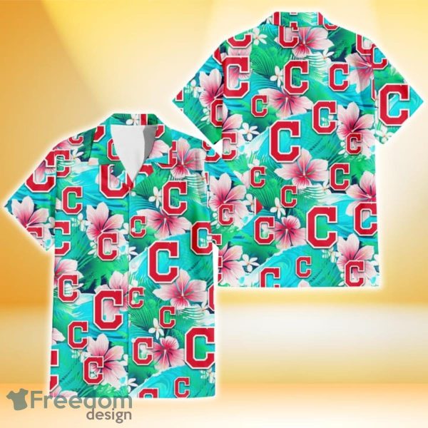 Cleveland Indians Pink Hibiscus Green Leaf Blue Background 3D Hawaiian Shirt Gift For Fans