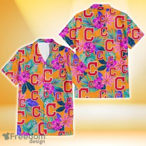 Cleveland Indians Purple Hibiscus Neon Leaf Orange Background 3D Hawaiian Shirt Gift For Fans