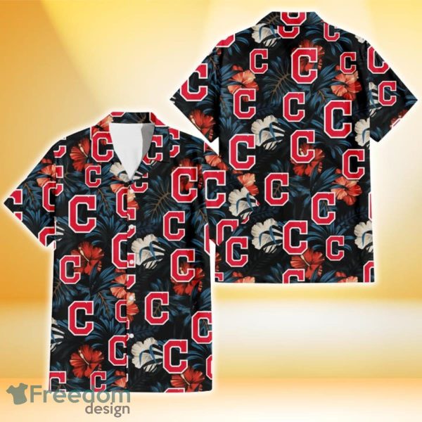 Cleveland Indians Red And White Hibiscus Dark Leaf Black Background 3D Hawaiian Shirt Gift For Fans