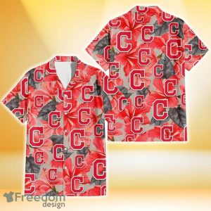 Cleveland Indians Red Hibiscus Gray Leaf Beige Background 3D Hawaiian Shirt Gift For Fans