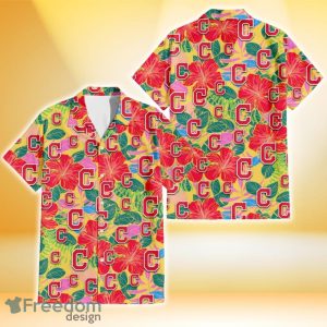 Cleveland Indians Red Hibiscus Green Blue Leaf Yellow Background 3D Hawaiian Shirt Gift For Fans