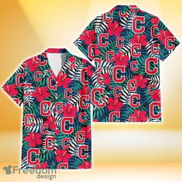 Cleveland Indians Red Hibiscus Green Blue White Leaf Black Background 3D Hawaiian Shirt Gift For Fans