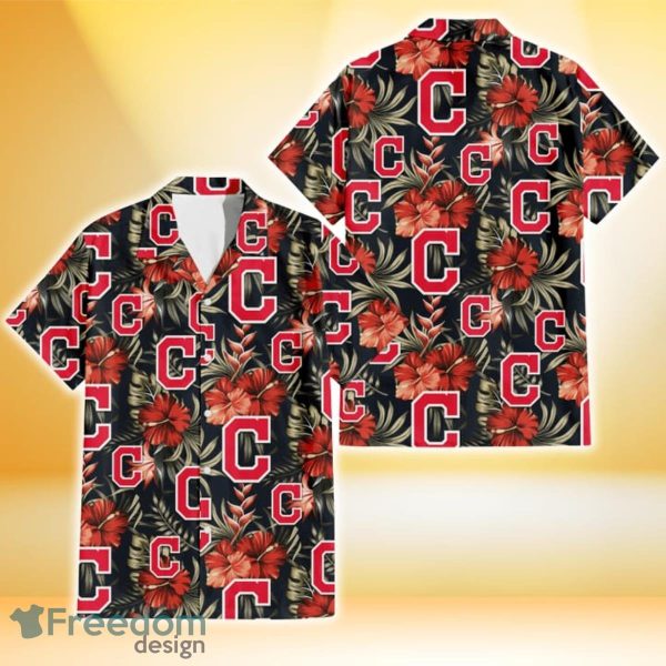 Cleveland Indians Red Hibiscus Green Leaf Dark Background 3D Hawaiian Shirt Gift For Fans