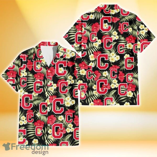 Cleveland Indians Red Hibiscus Yellow Porcelain Flower Black Background 3D Hawaiian Shirt Gift For Fans