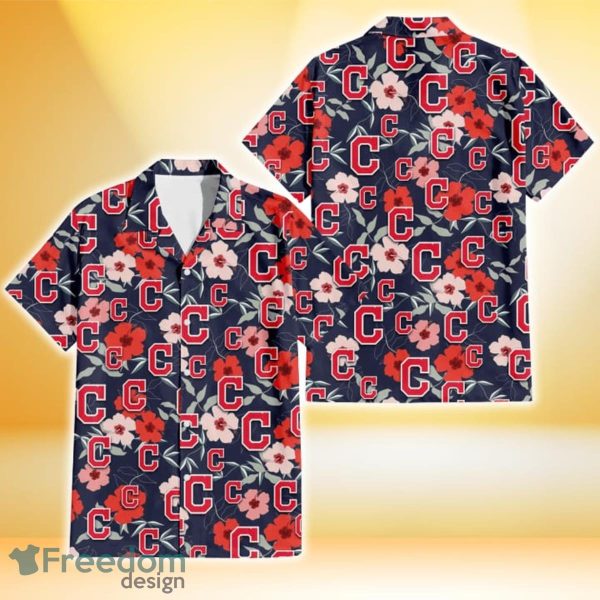 Cleveland Indians Red Pink White Hibiscus Black Background 3D Hawaiian Shirt Gift For Fans