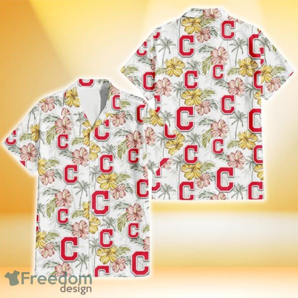 Cleveland Indians Sketch Red Yellow Coconut Tree White Background 3D Hawaiian Shirt Gift For Fans