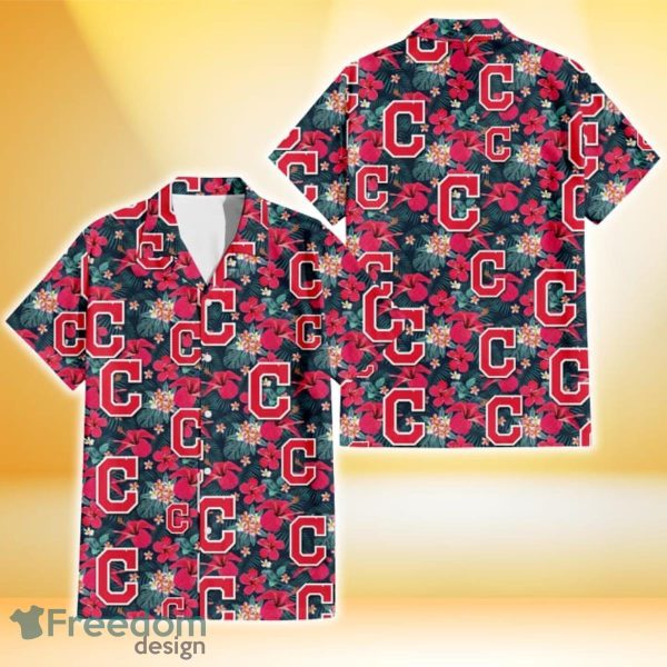 Cleveland Indians Tiny Red Hibiscus White Porcelain Flower Black Background 3D Hawaiian Shirt Gift For Fans