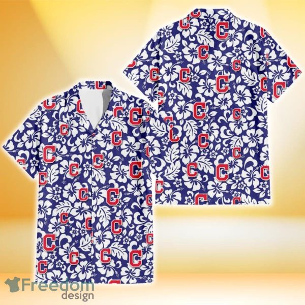 Cleveland Indians White Hibiscus Pattern Slate Blue Background 3D Hawaiian Shirt Gift For Fans