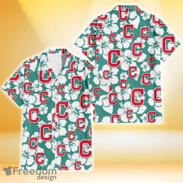 Cleveland Indians White Hibiscus Turquoise Stripe Background 3D Hawaiian Shirt Gift For Fans