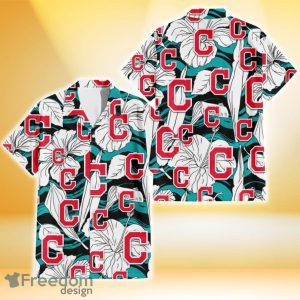 Cleveland Indians White Hibiscus Turquoise Wave Black Background 3D Hawaiian Shirt Gift For Fans