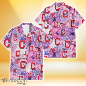 Cleveland Indians White Purple Hibiscus Pink Hummingbird Pink Background 3D Hawaiian Shirt Gift For Fans