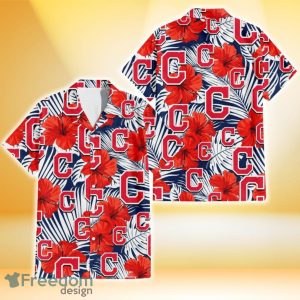 Cleveland Indians White Tropical Leaf Red Hibiscus Navy Background 3D Hawaiian Shirt Gift For Fans