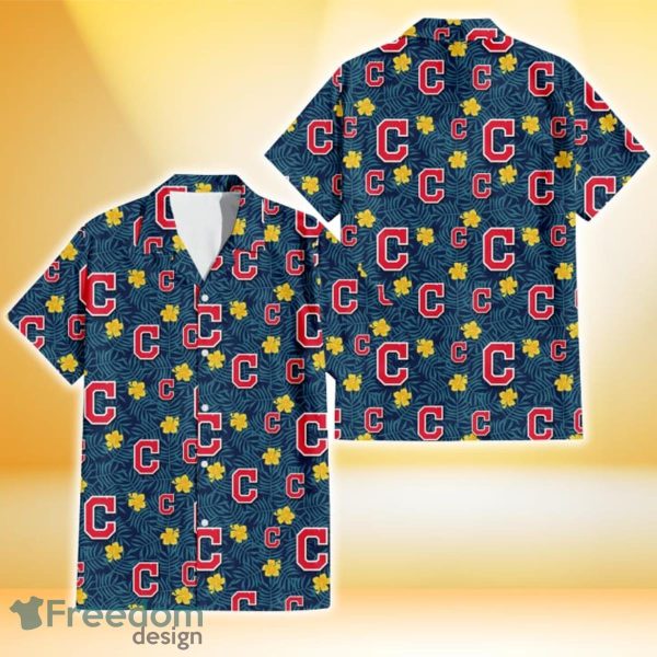 Cleveland Indians Yellow Hibiscus Cadet Blue Leaf Navy Background 3D Hawaiian Shirt Gift For Fans